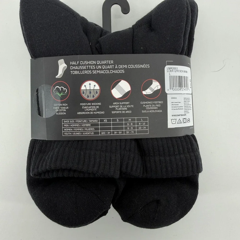 LCKR Mens Quarter Socks 6 Pair Pack Black Half Cushion‎ Arch Support L LMAS001